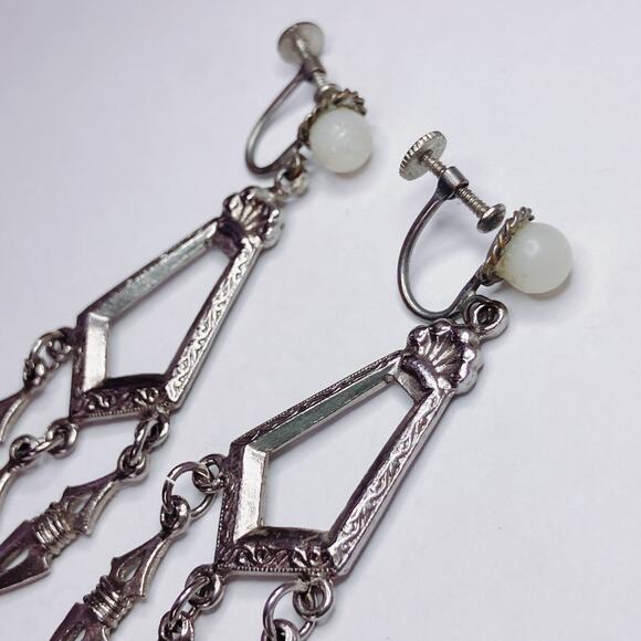 Vintage 1930s Czechoslovakia Art Deco Silver Tone Chandelier Screw Back Earrings - Picture 12 of 12